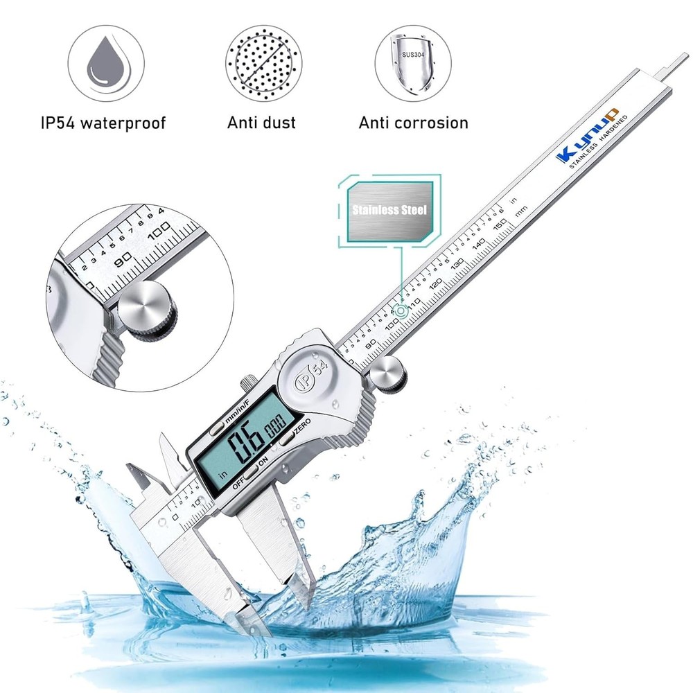 Accurate 6-Inch Digital Caliper Tool - Splash Proof, Large LCD & Versatile Use