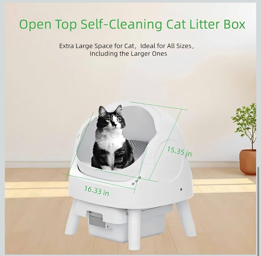 Automatic cleaning litter box, includes garbage bag and litter pad, white.