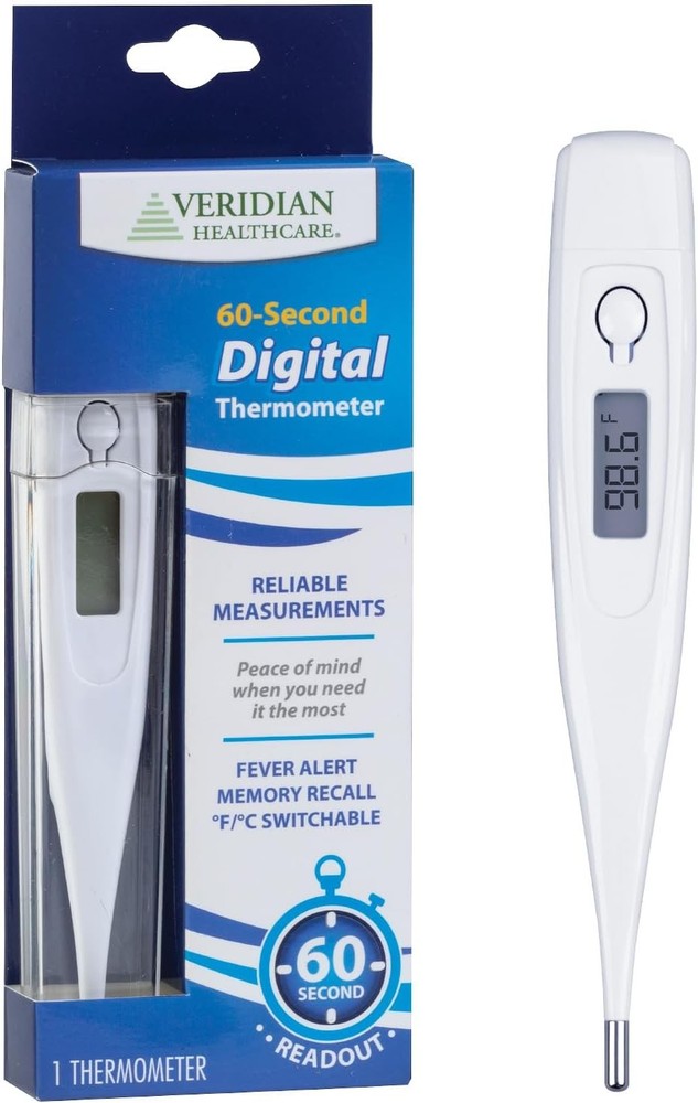 Veridian Digital Thermometer | 60-Second Readout | Fever Alert + Memory