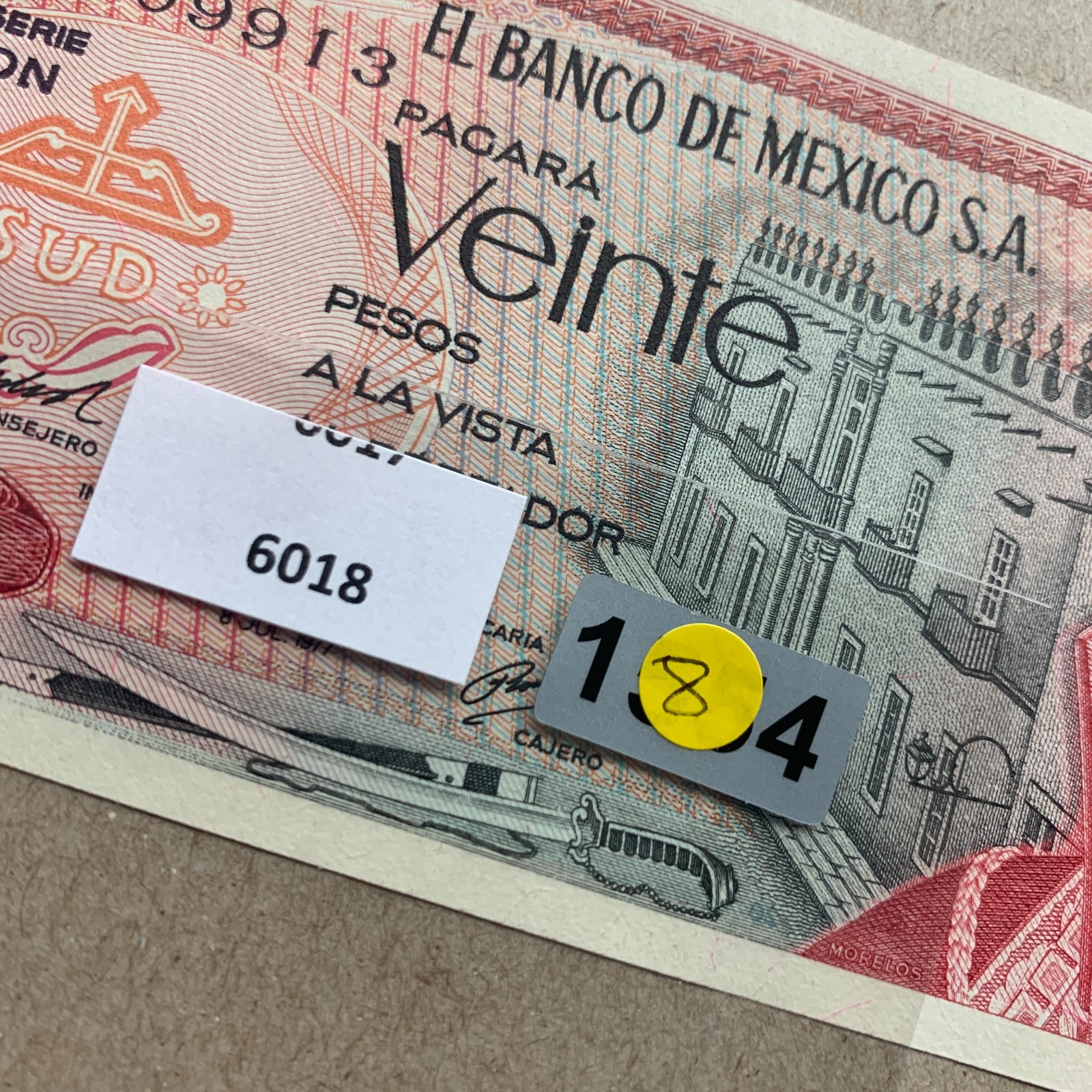 Mexican 20 Pesos Banknote. 1970's Pyramid at Teotihuacan Mexico Currency. UNC