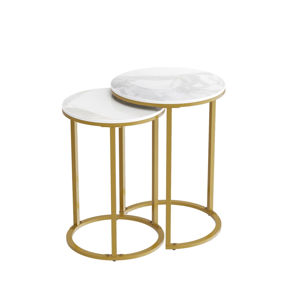 Real Marble 2 Pack Nesting Coffee Side Table Home Tea Desk Round Metal Stacking
