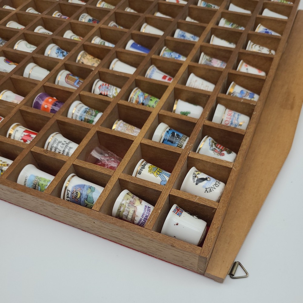 Vintage Thimble Display Case with 100 Mixed Various Thimbles Good Condition