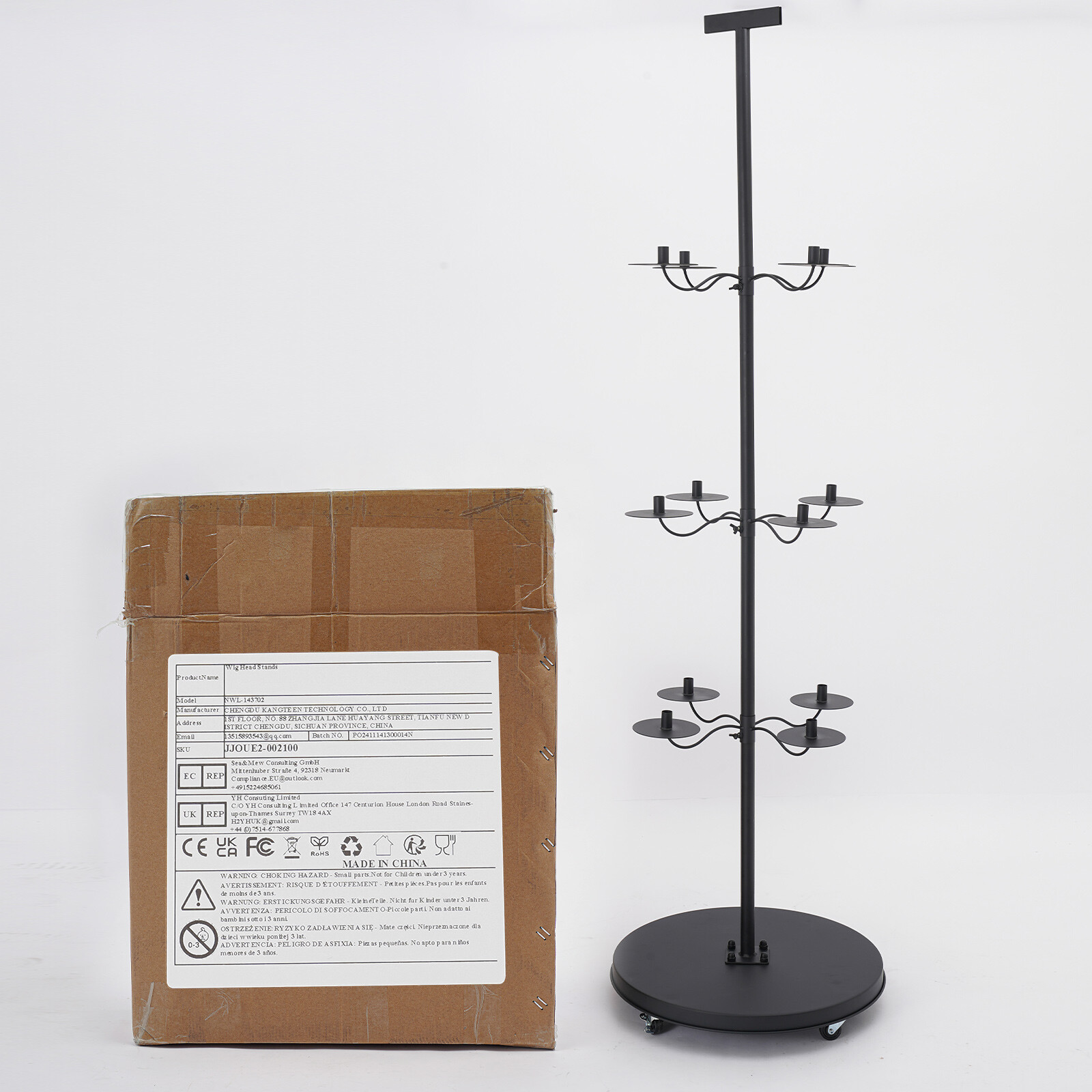 12-head Wig Holder Black Wig Head Stand Wig Display& Storage Rack 19.69*70.08in