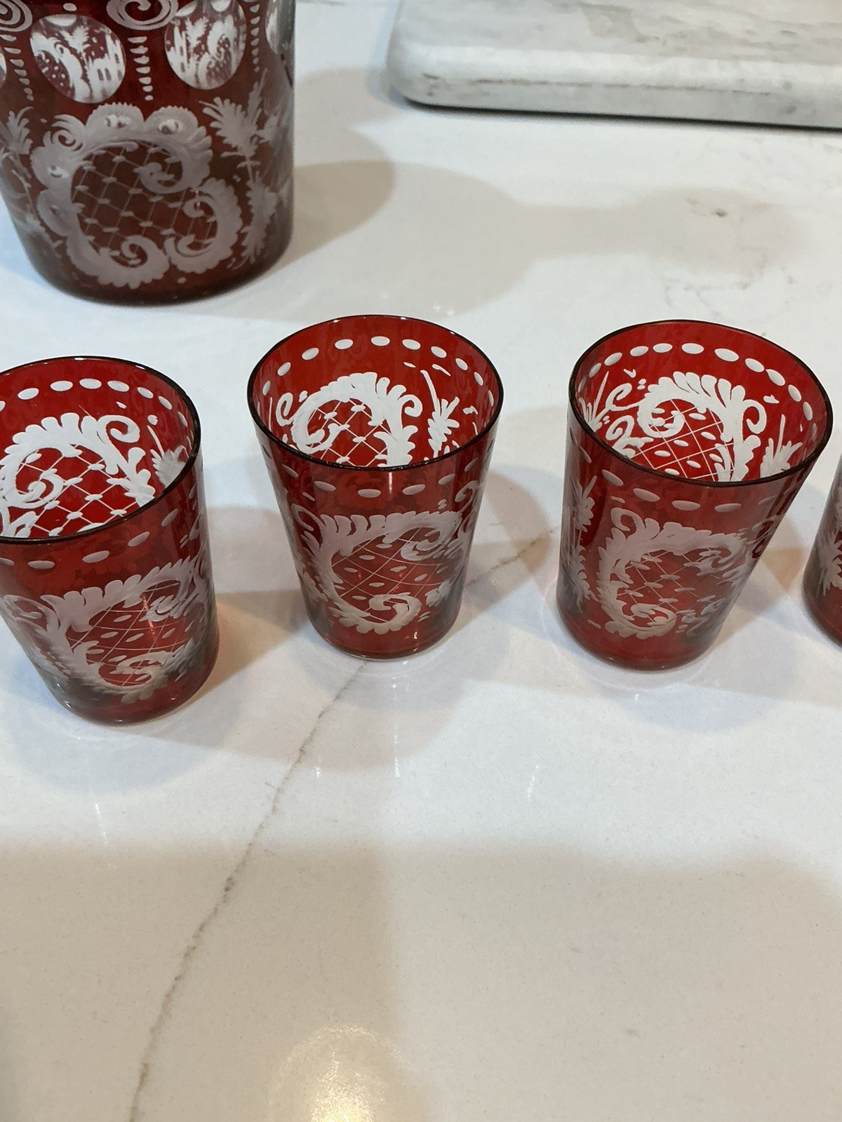 6PC EGERMANN CUT TO CLEAR RUBY WHISKEY DECANTER SET NO STOPPER- PRISTINE