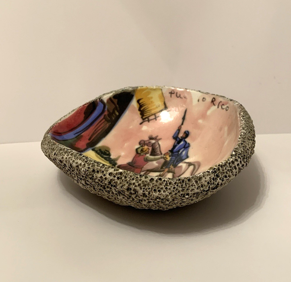 Sponge Textured Studio Pottery Dish Freeform Painted Glazed Signed Tarrega