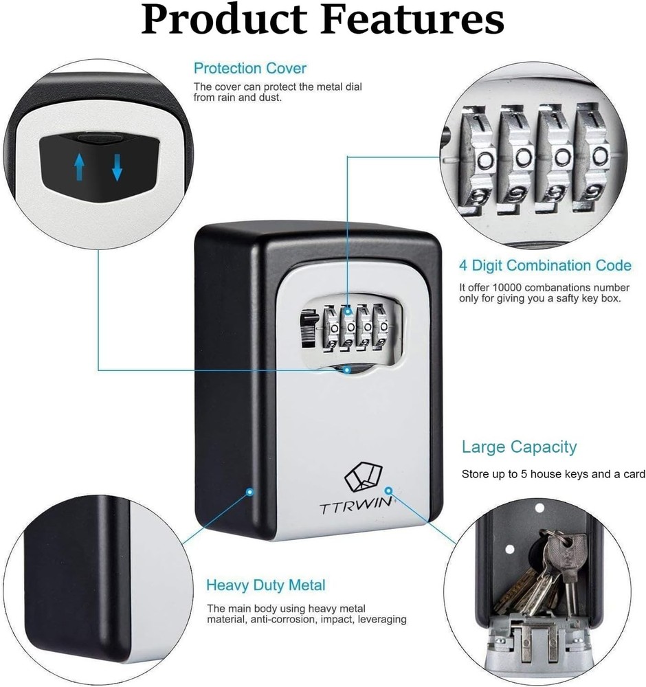 TTRWIN Key Lock Box for Outside, Resettable 4 Digit 1 Pack, Gray-003