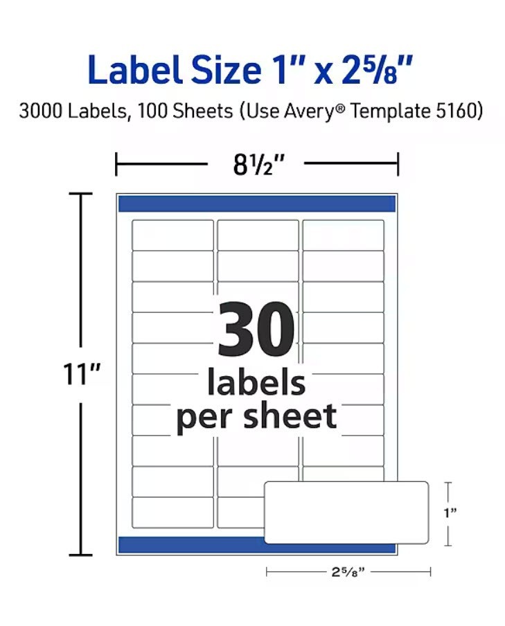 Avery 5160 Easy Peel Address Labels 1 x 2 5/8" 30/sheet - Choose 600/900/1500
