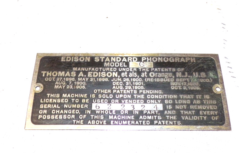 EDISON STANDARD CYLINDER PHONOGRAPH MODEL C ID TAG