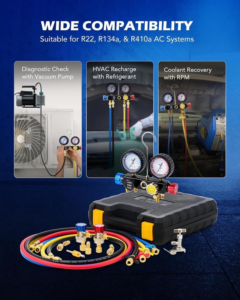 Durable 4 Valve AC Manifold with Color-Coded Hoses & Complete Adapter Kit
