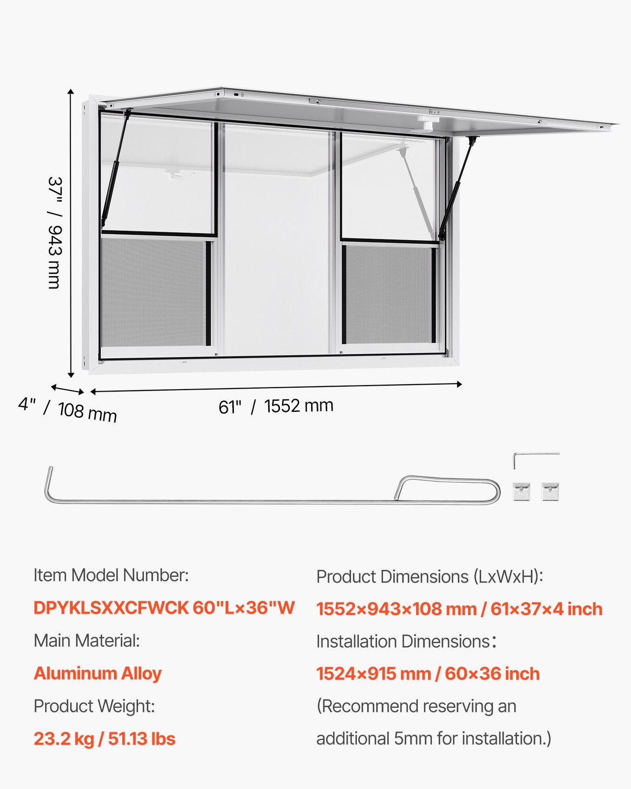 VEVOR 60x36in Concession Stand Serving Window Food Truck Service Awning Aluminum