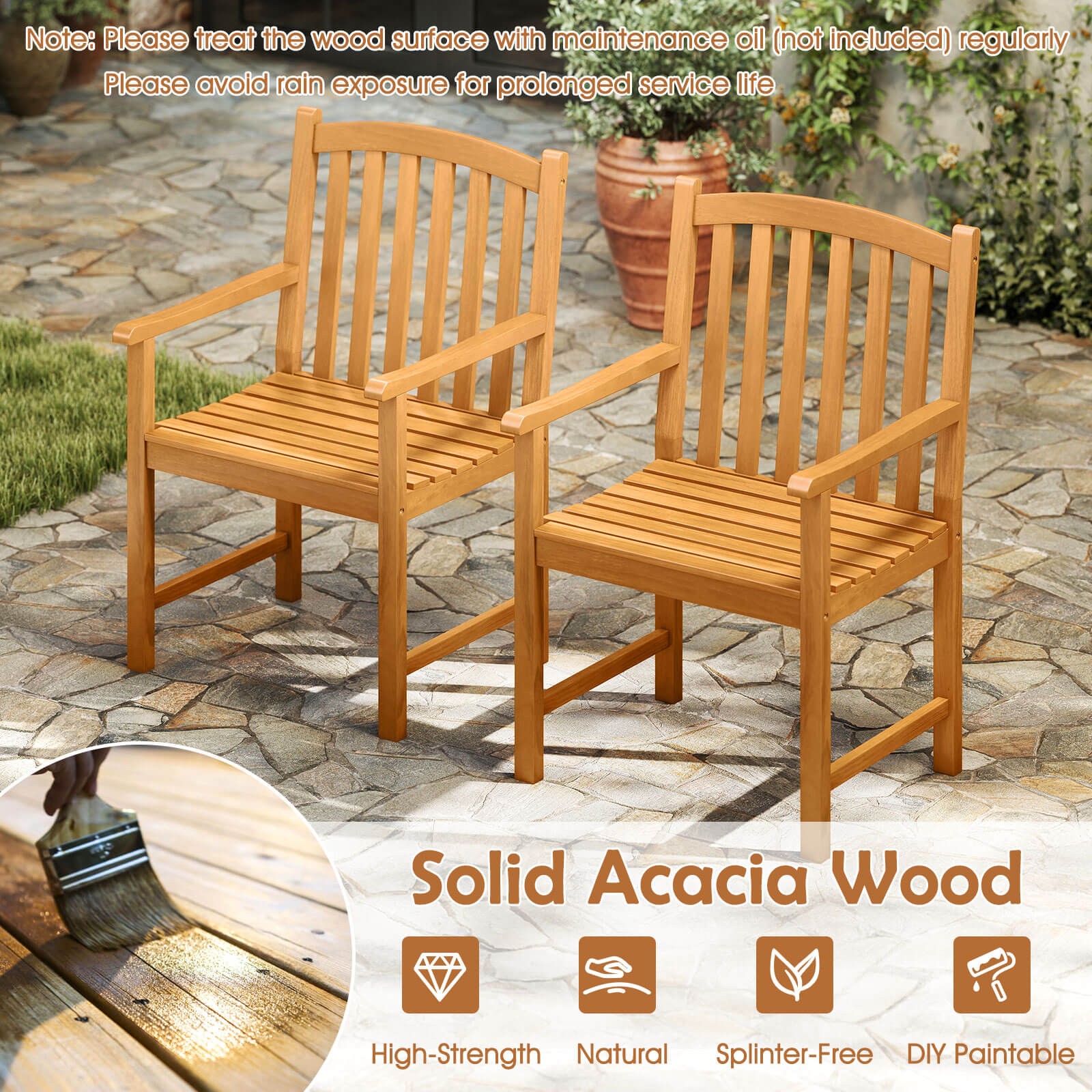 2PCS Outdoor Dining Chairs Acacia Wood Slatted Patio Chairs w/ Inclined Backrest