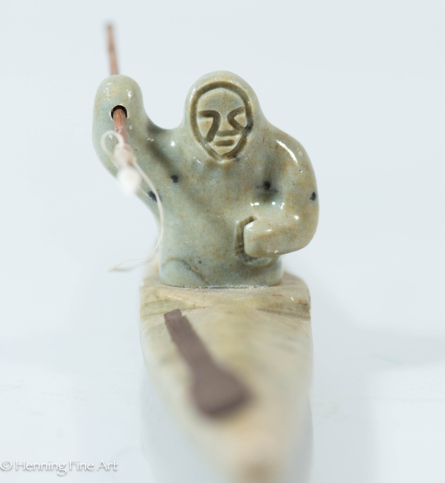 Beautiful Eskimo Carving of Spear Fisher in Kayak by Chuck Poupart, Lovely!
