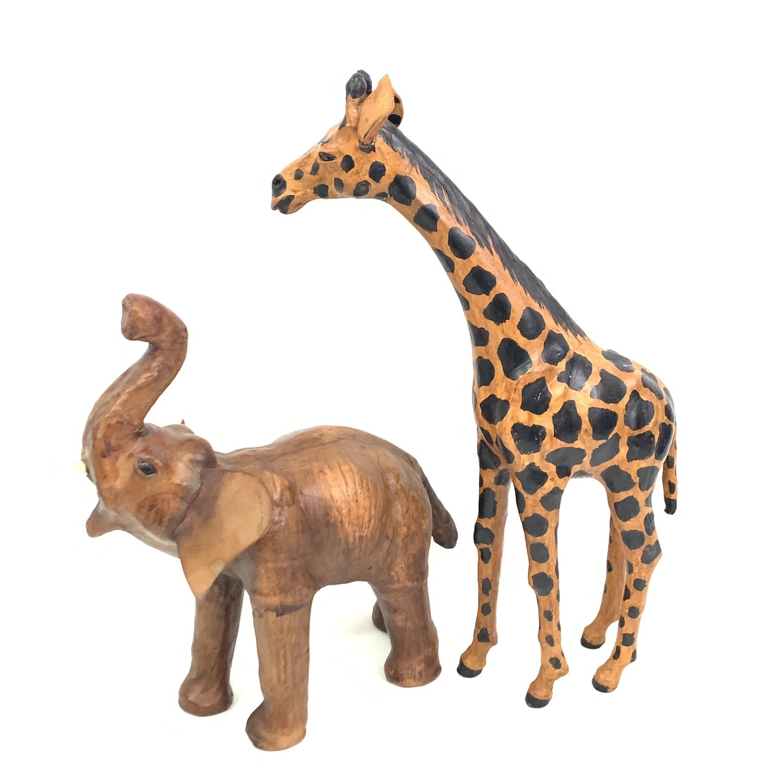 Vintage Elephant & Giraffe Statue Figure Brown Leather Wrapped Home Decor #8627