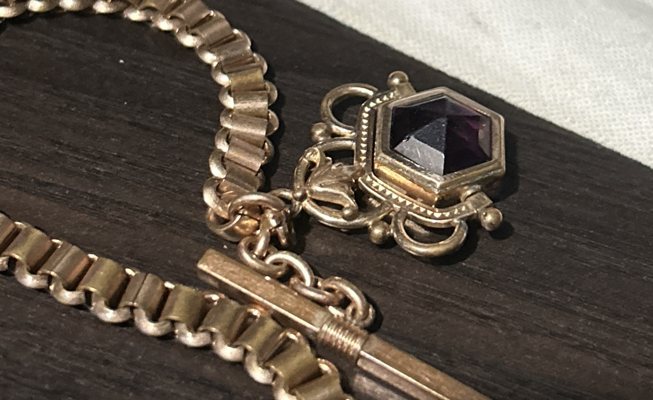 Victorian Rose Gold Fill Purple Watch Fob Spinner Book Link Chain Large Ring