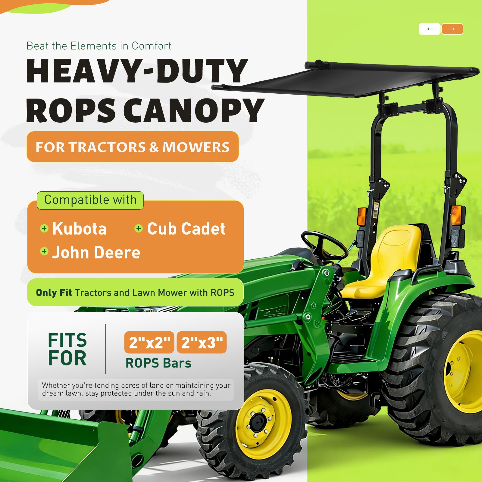 Tractor Canopy Sun Shade Roof Top for Lawn Mower ROPS, UV Cover