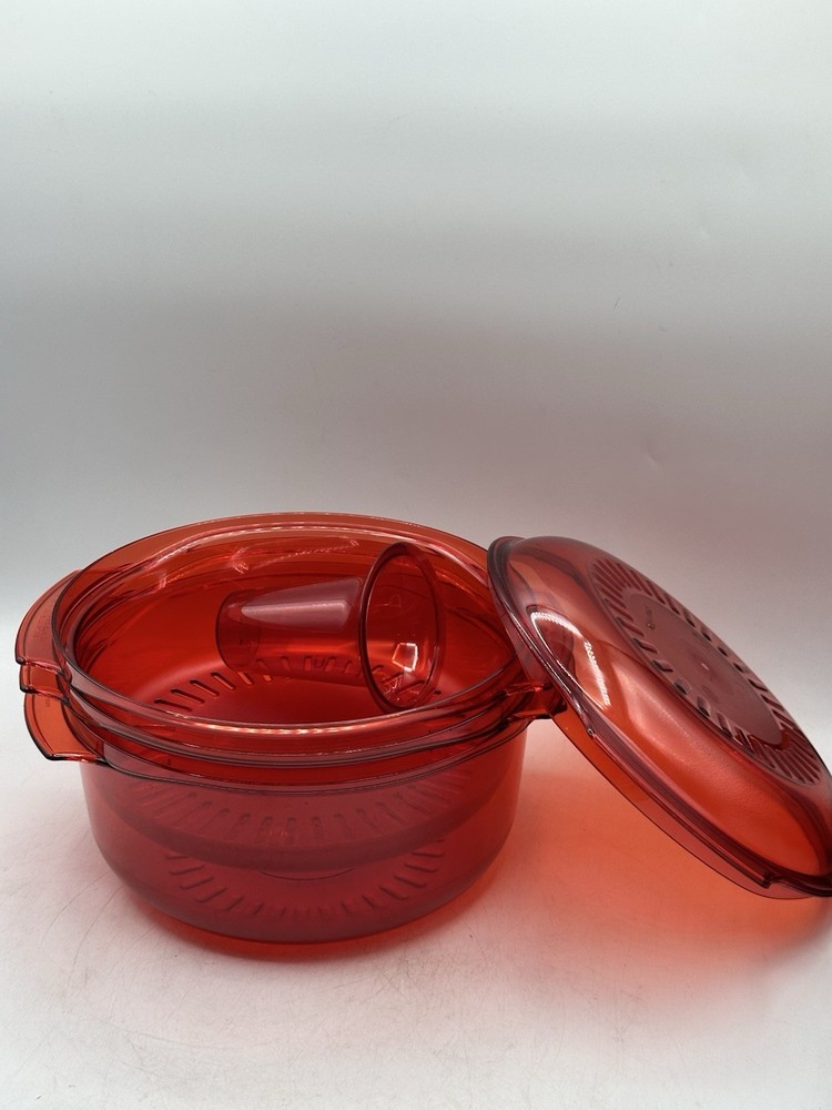 Tupperware Microwave Stack Cooker Steamer Transparent Cranberry Red 5 Piece Set