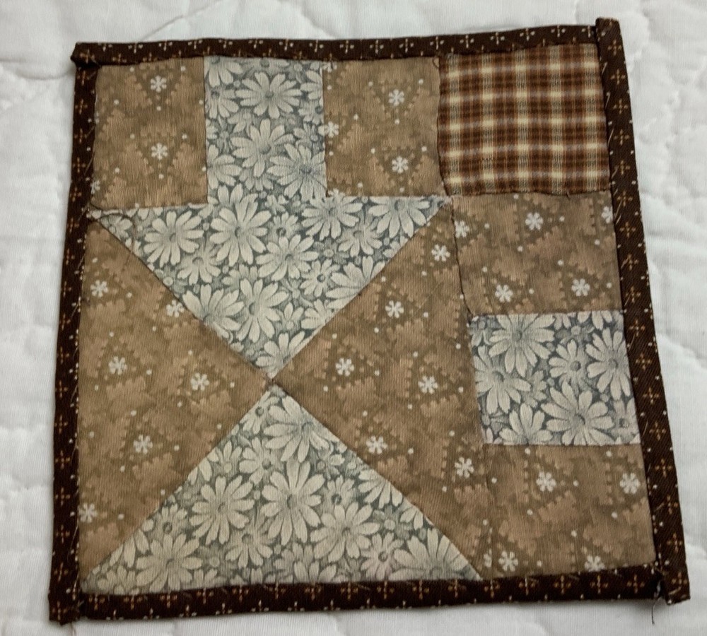 Antique Patchwork Quilt Table Topper, Early Calico Prints, Triangles, Brown