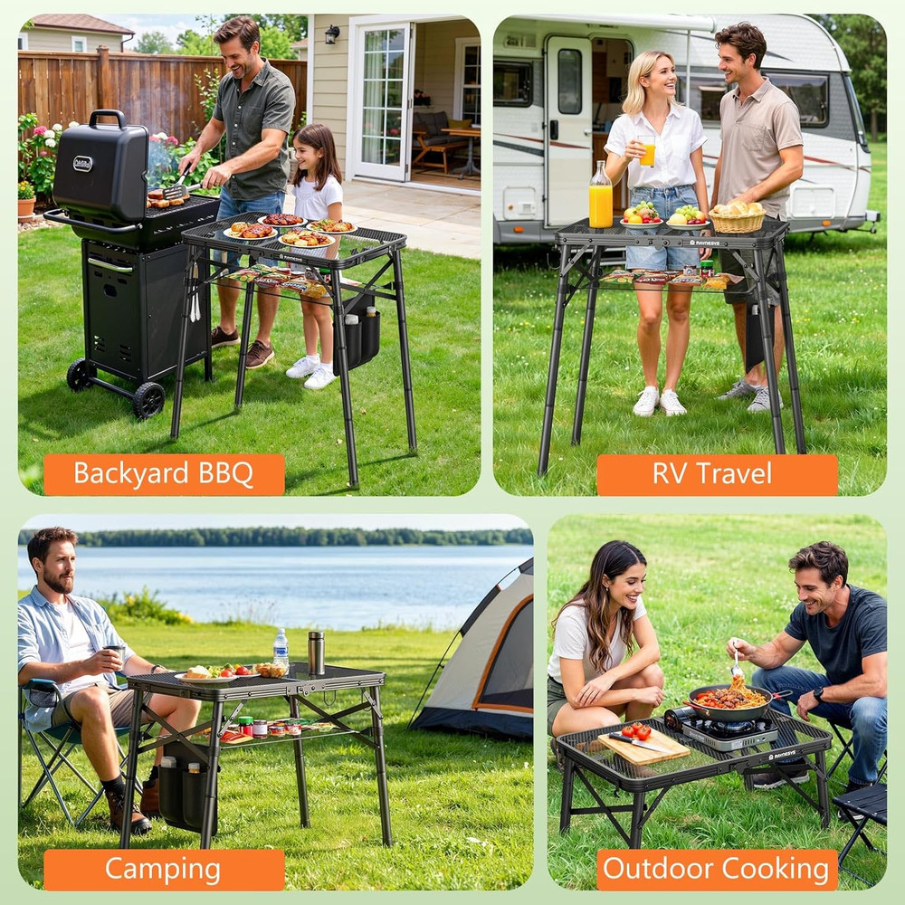 Folding Grill Table for Outside, 3 Height Adjustable Small Camping Table with Me