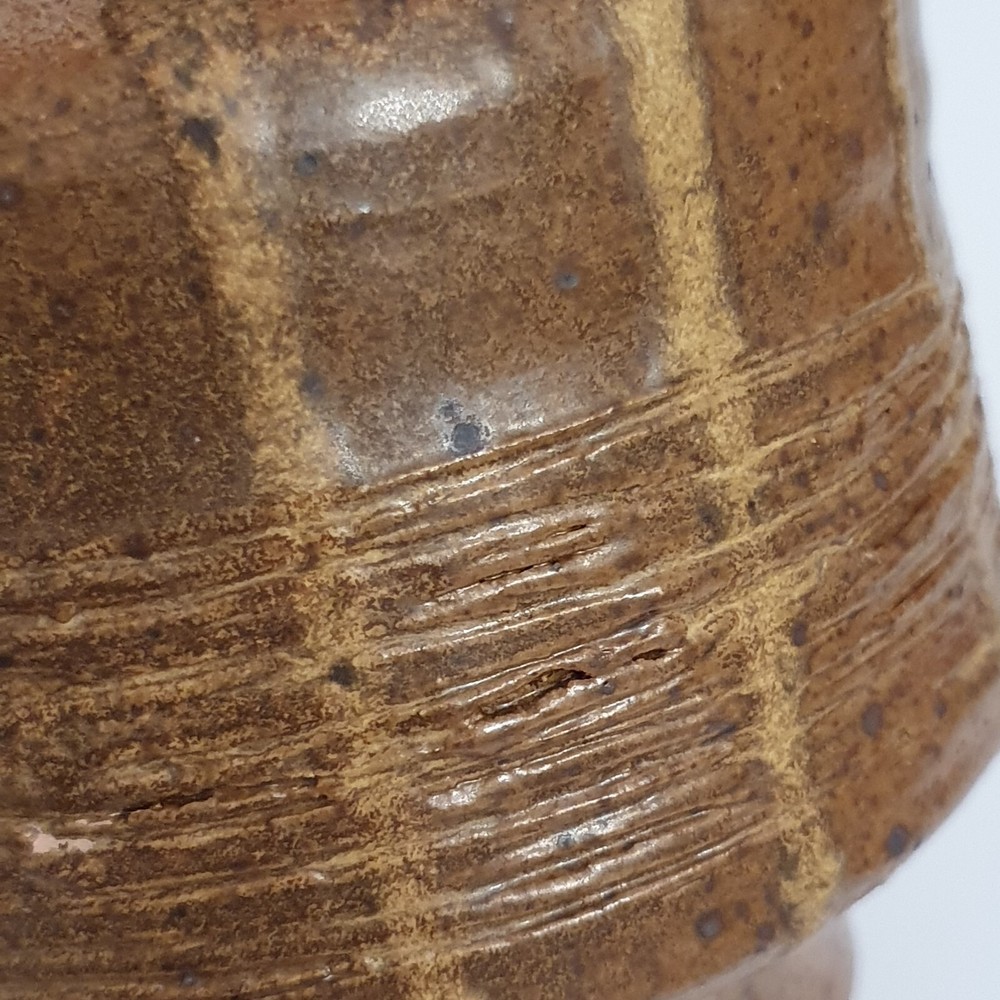 Vintage MCM Earthenware Covered Jar Ash Glaze Threaded 6.5"H Signed