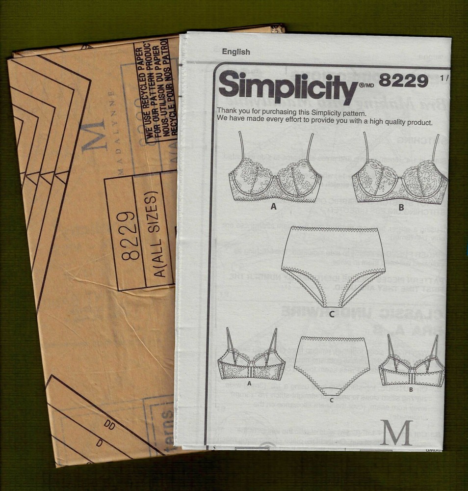 Bra & Panties Sewing Pattern~Underwire Support! (Sizes 32A-42DD) Simplicity 8229