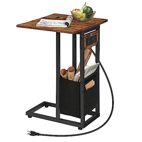 C Shaped Side Table with Charging Station, Foldable End Table with Fabric