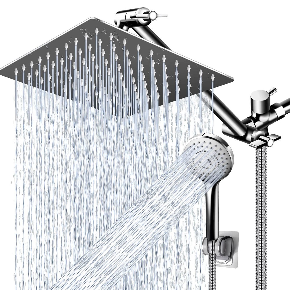 PinWin Modern 12" Large Square Rain Showerhead Set, Chrome