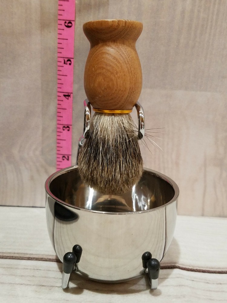 SHAVING GROOMING SET BRUSH CONTAINER & STAND CHROME ELEGANT BE MANLY READ