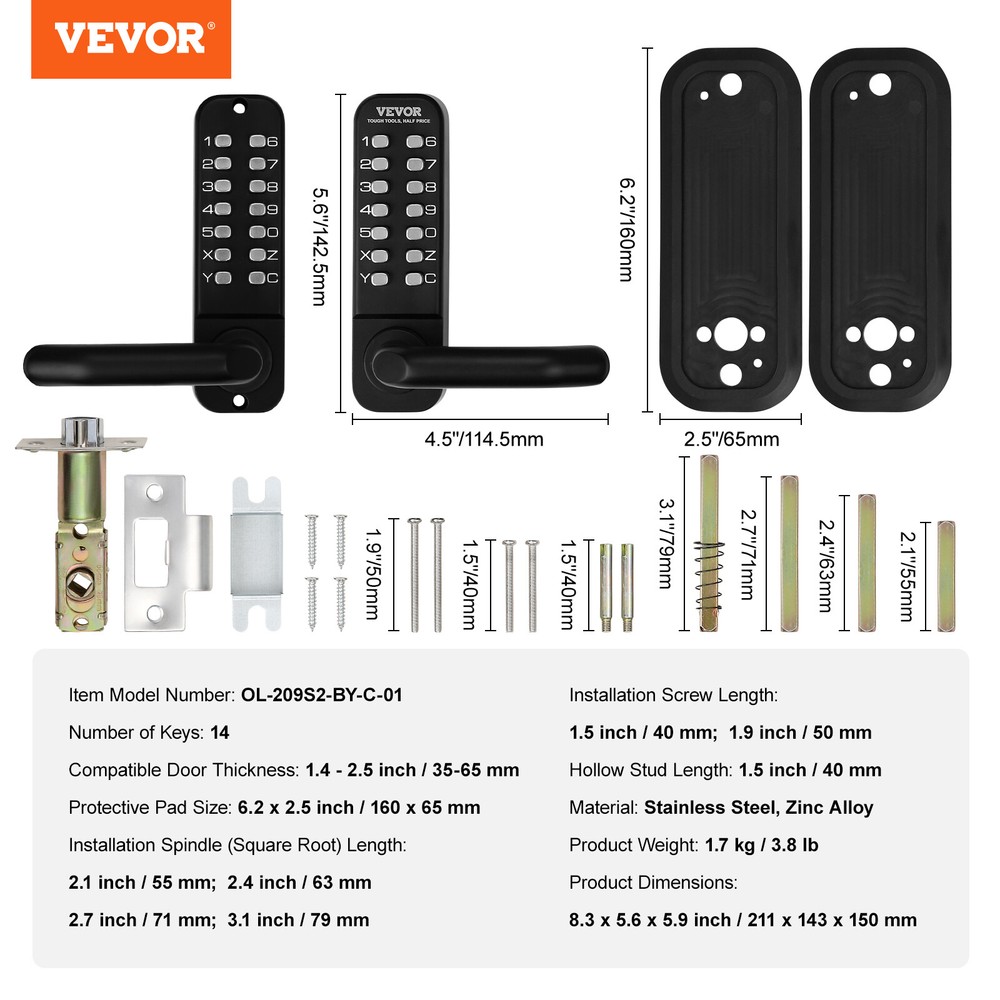 VEVOR Mechanical Keyless Entry Door Lock 14 Digit Keypad Double-sided Embedded