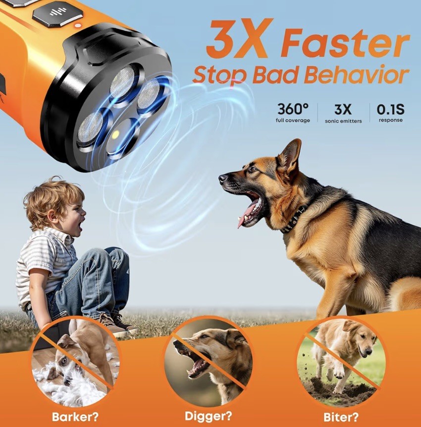 Dog Bark Deterrent Device, 3X Sonic Emitters, Dual-Frequency Bark Control, Fl...