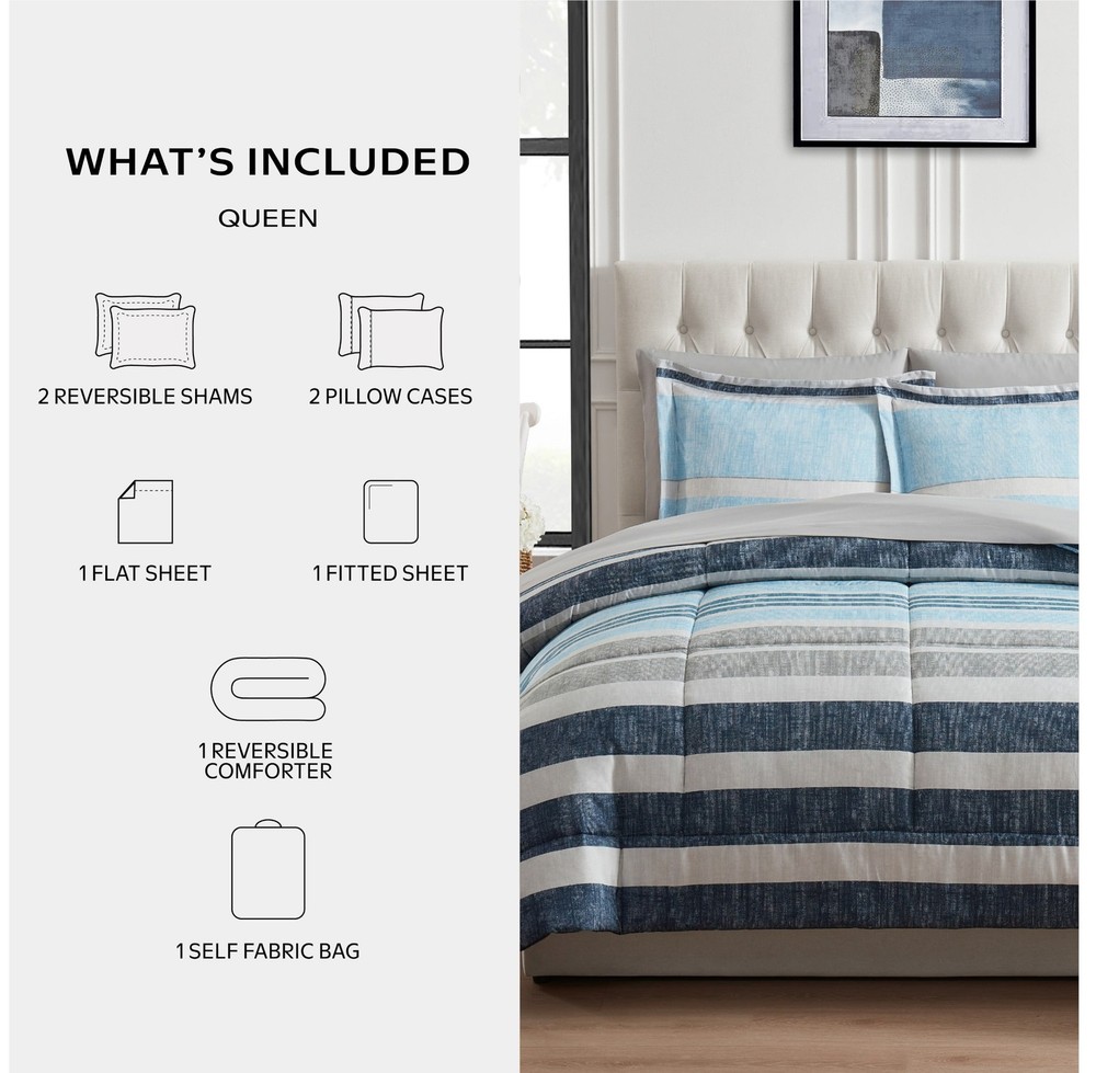 All in One Reversible Comforter & sheet set- 7 Piece Queen Blue Stripe