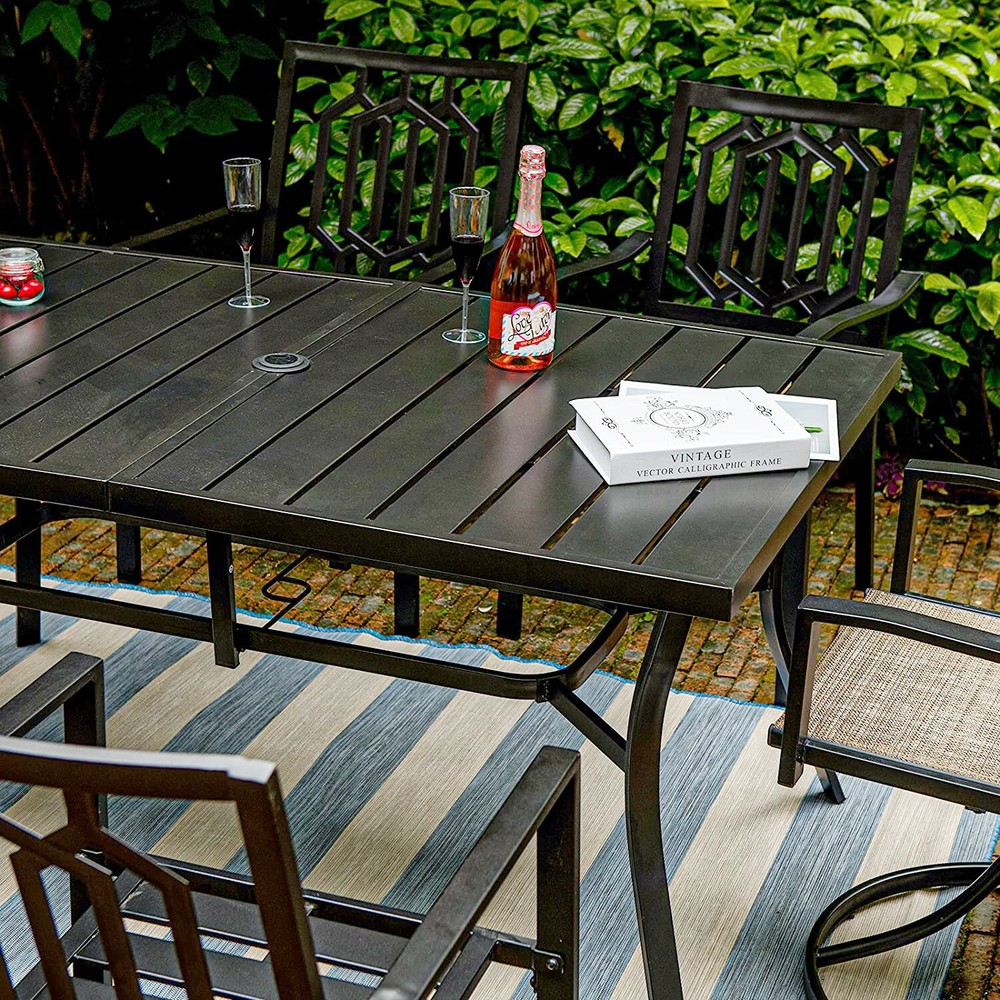 59inch Outdoor Dining Table Metal Rectangular Patio Dining Table w/Umbrella Hole
