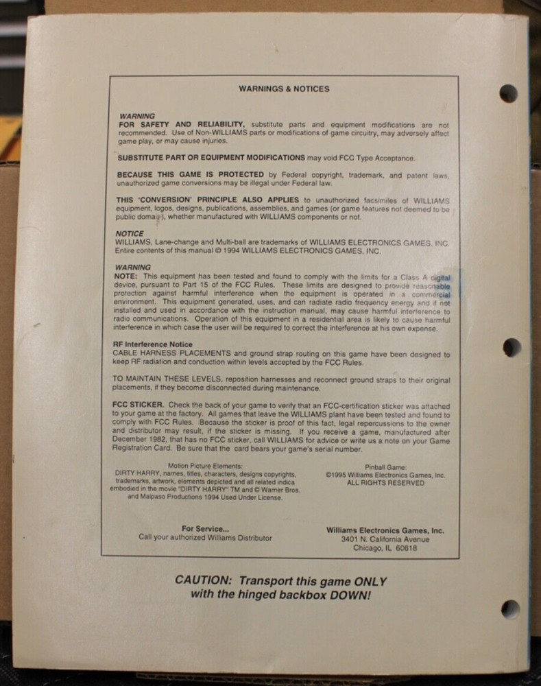 Dirty Harry Pinball Operations Manual - Williams
