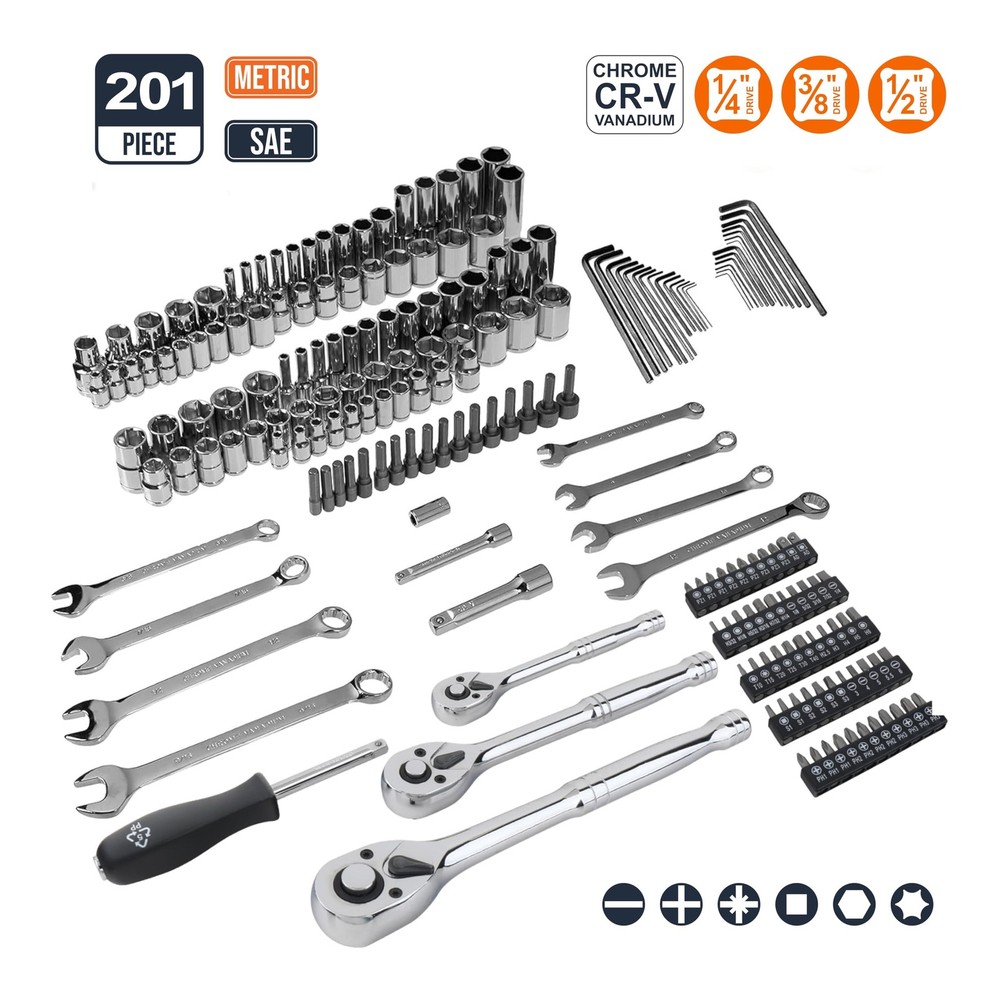 Mechanics Socket Tool Set Chrome Vanadium SAE Metric with Case 201 Pcs