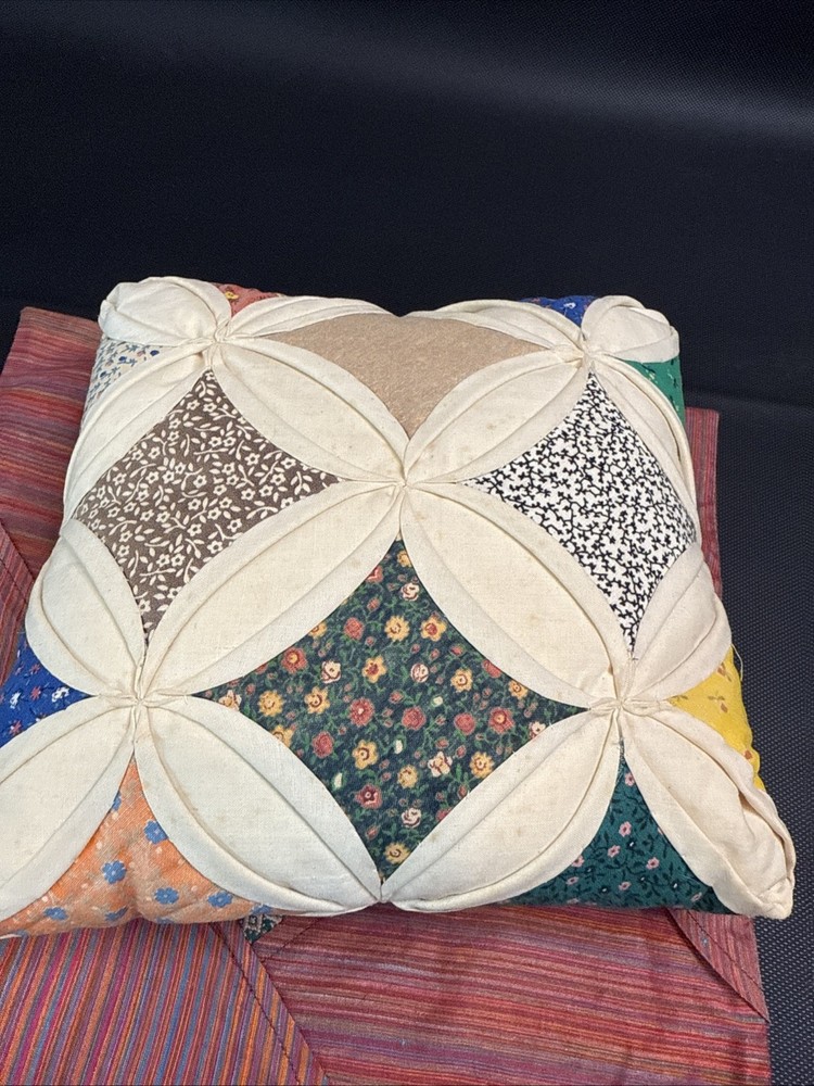 Handmade Cathedral Window Throw Pillow Quilt Patchwork & Embroidered Pillow Cove