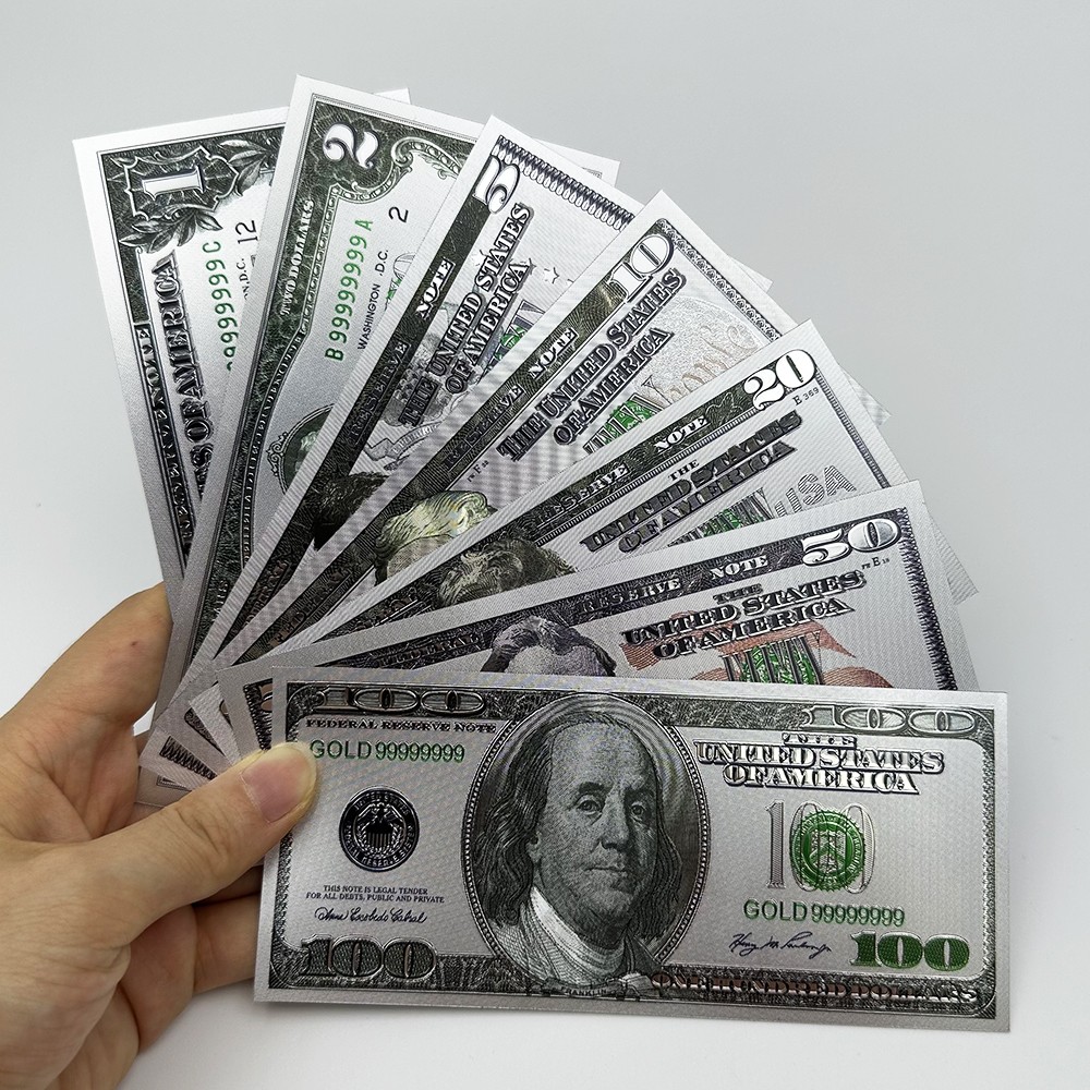US Dollar Silver Banknotes 1 2 5 10 20 50 100 Bills Money Set Decorative Gift