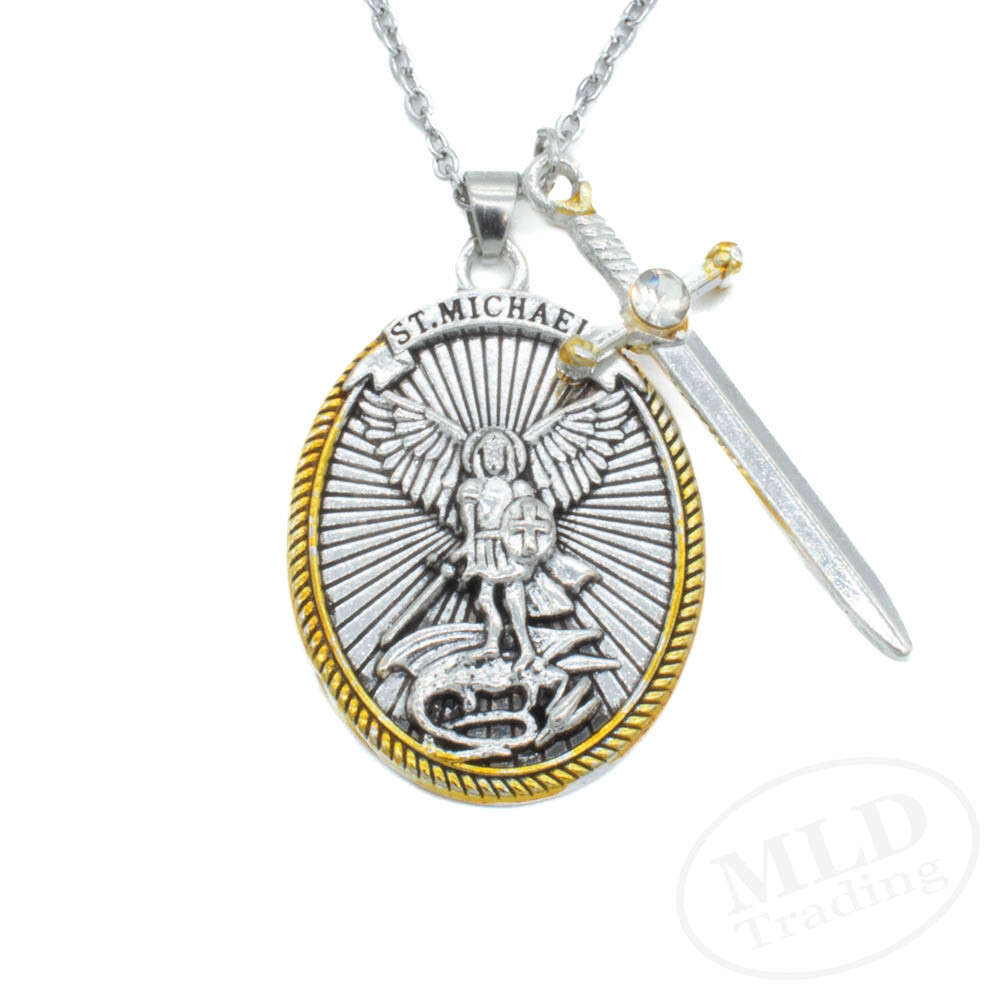Saint St Michael Pendant Necklace, Oval Silver-Gold, Sword Charm, Ephesians 6:10