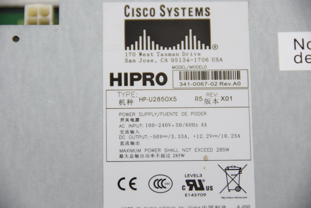 Cisco HP-U2850X5 285W Power Supply For Switch