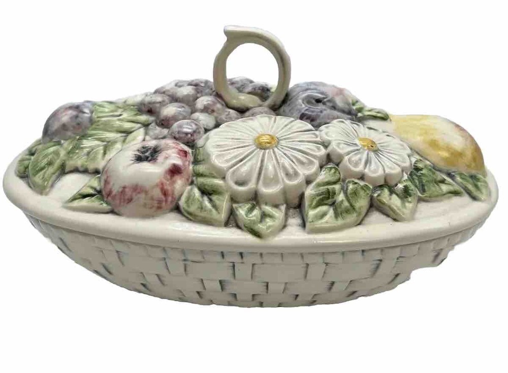 Candy Dish Ceramic Lidded Dish Hand Painted & Signed Weaved Bottom VTG Fruit