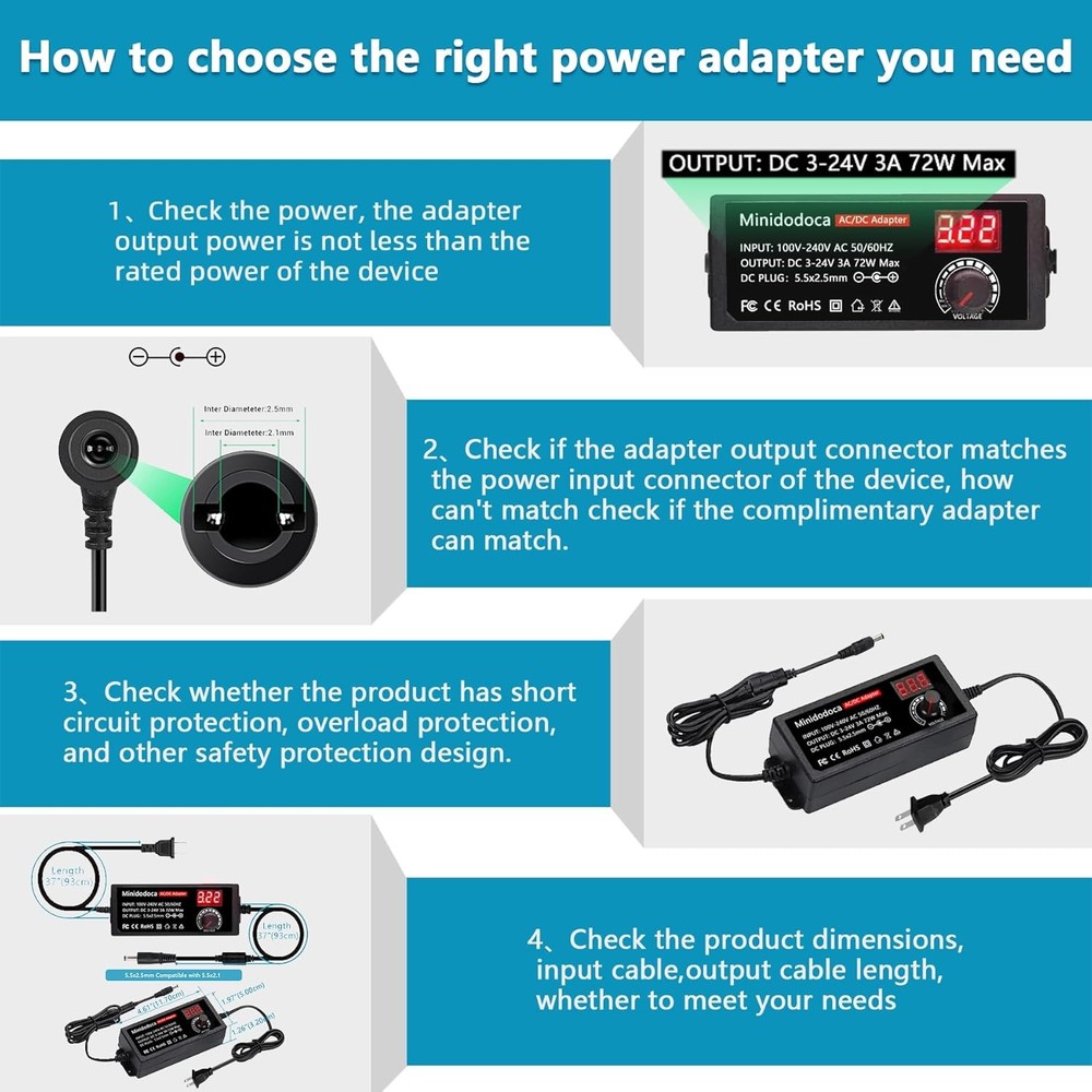 72W Power Supply Adjustable 3V ~ 24V Variable Universal Switching AC/DC...