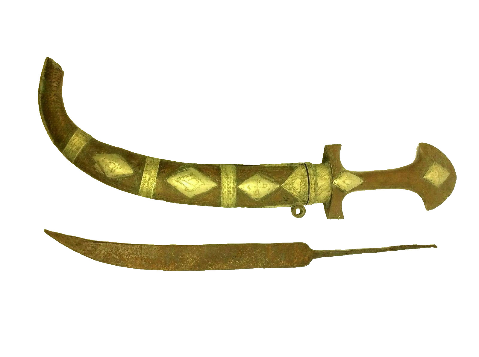 Antique Moroccan Koummya Dagger Brass & Silver Inlay Sheath Curved Blade