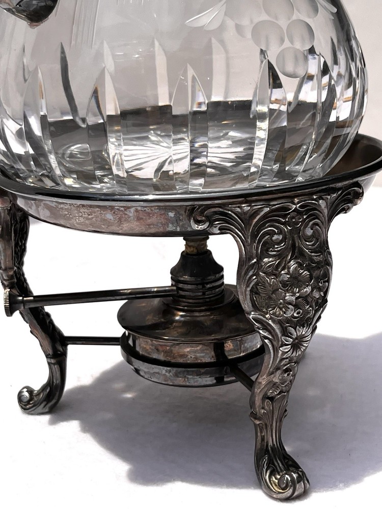 Vintage Cut Glass Pitcher Silverplate Stand Burner Grapes Pattern 11” Great