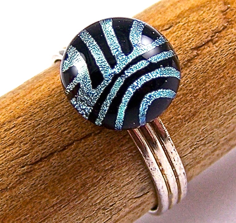 Dichroic Ring Green Grey Striped Patterned Glass Tiny Adjustable Silver 1/4" 8mm