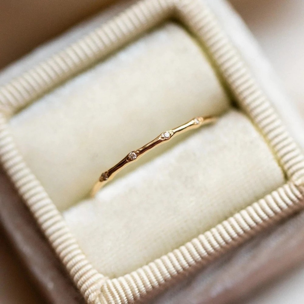 Stackable Thin Band Dainty Ring, Lab- Moissanite ring Gold Plated 925 Silver