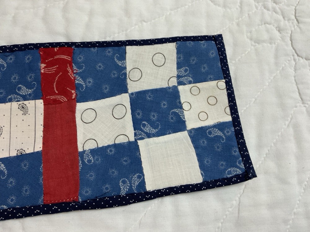 Antique Vintage Patchwork Quilt Table Topper, Nine Patch, Rectangle, Blue & Red