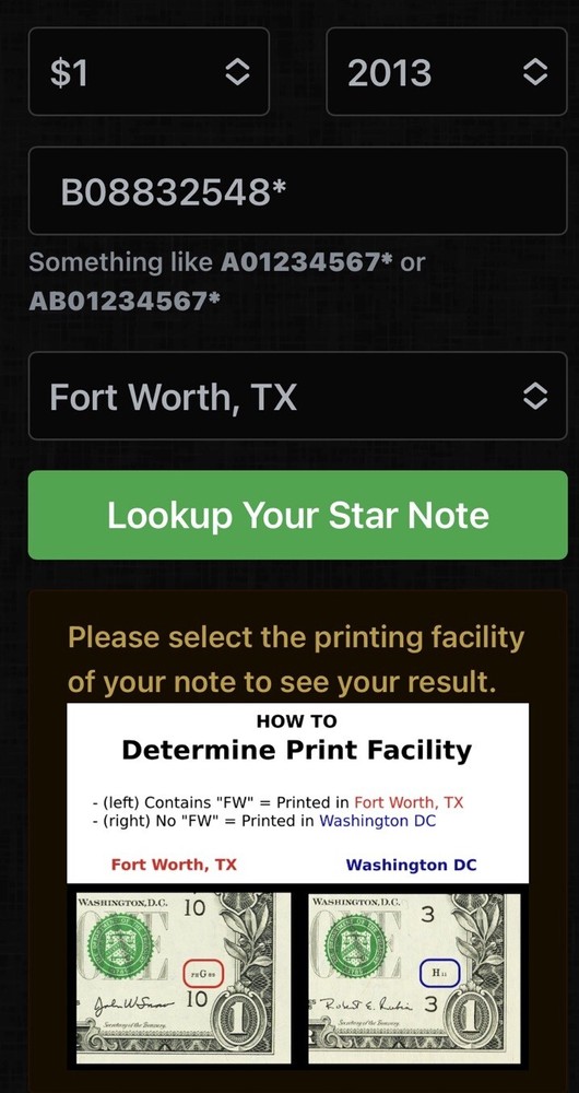 2013 B Duplicate Serial Number Error $1 B 08832548* Fort Worth Texas Star Note