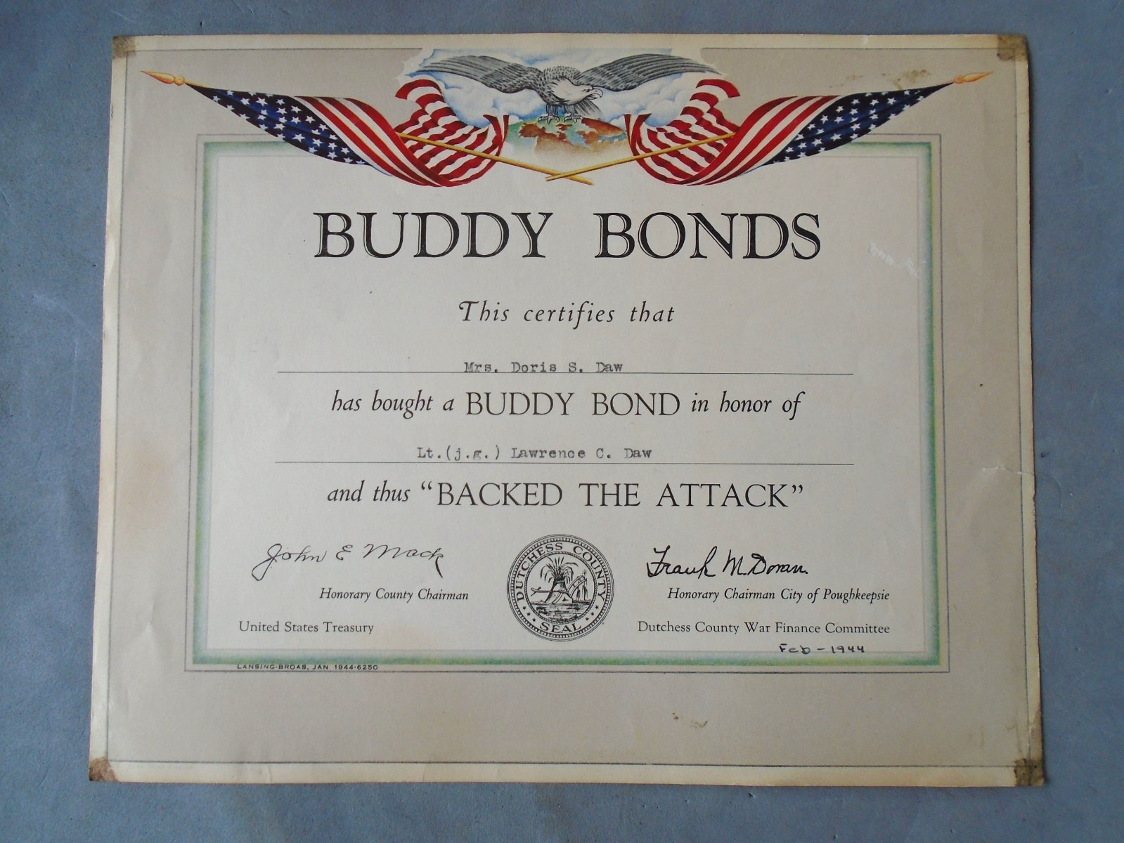 WWII Buddy Bonds Certificate, 1944, Backed the Attack