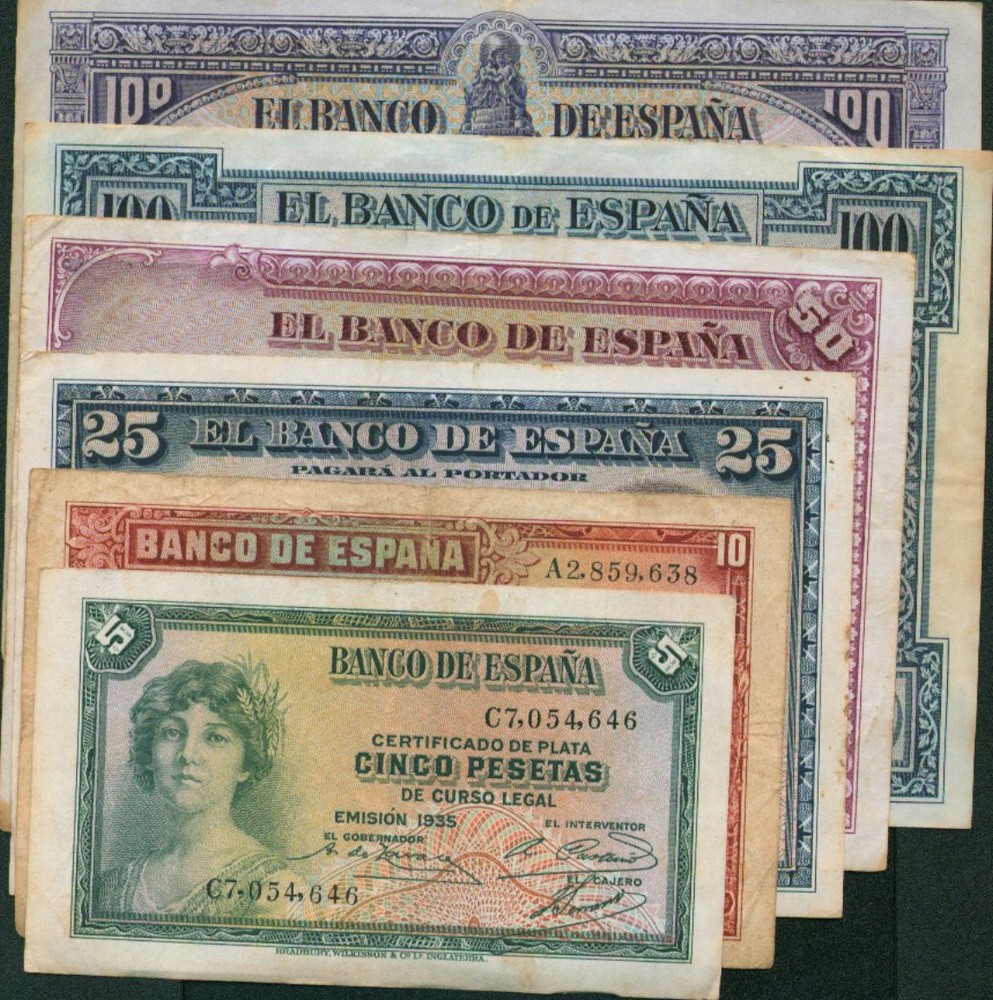 SPAIN GREAT SET. 6 DIFF NOTES REPUBLICA 1925-1935. VF CONDITION. 3RW 27JUN