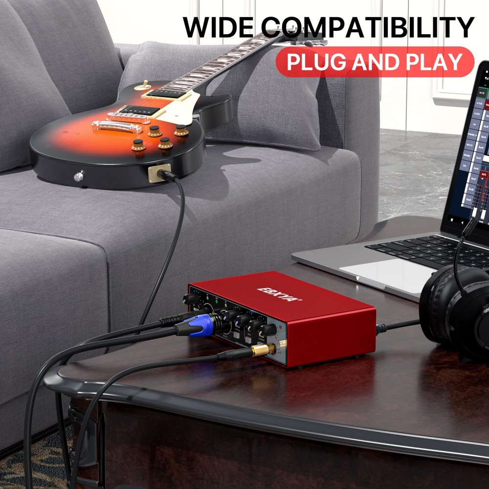 2i2 USB Audio Interface for PC Recording, 24-bit/192kHz Plug and Play USB Int...