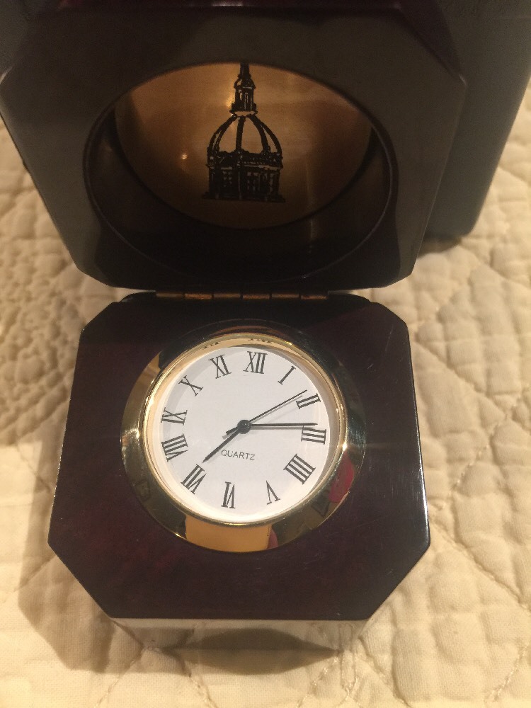 Solid Dark Wood Quartz Desk Clock Etched Top Inside 2" X 2" New In Box