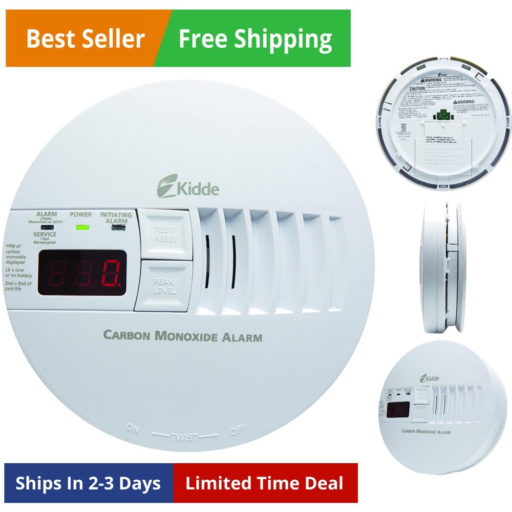 Hardwired Carbon Monoxide Detector with 9-Volt Battery Backup, Digital LED Di...